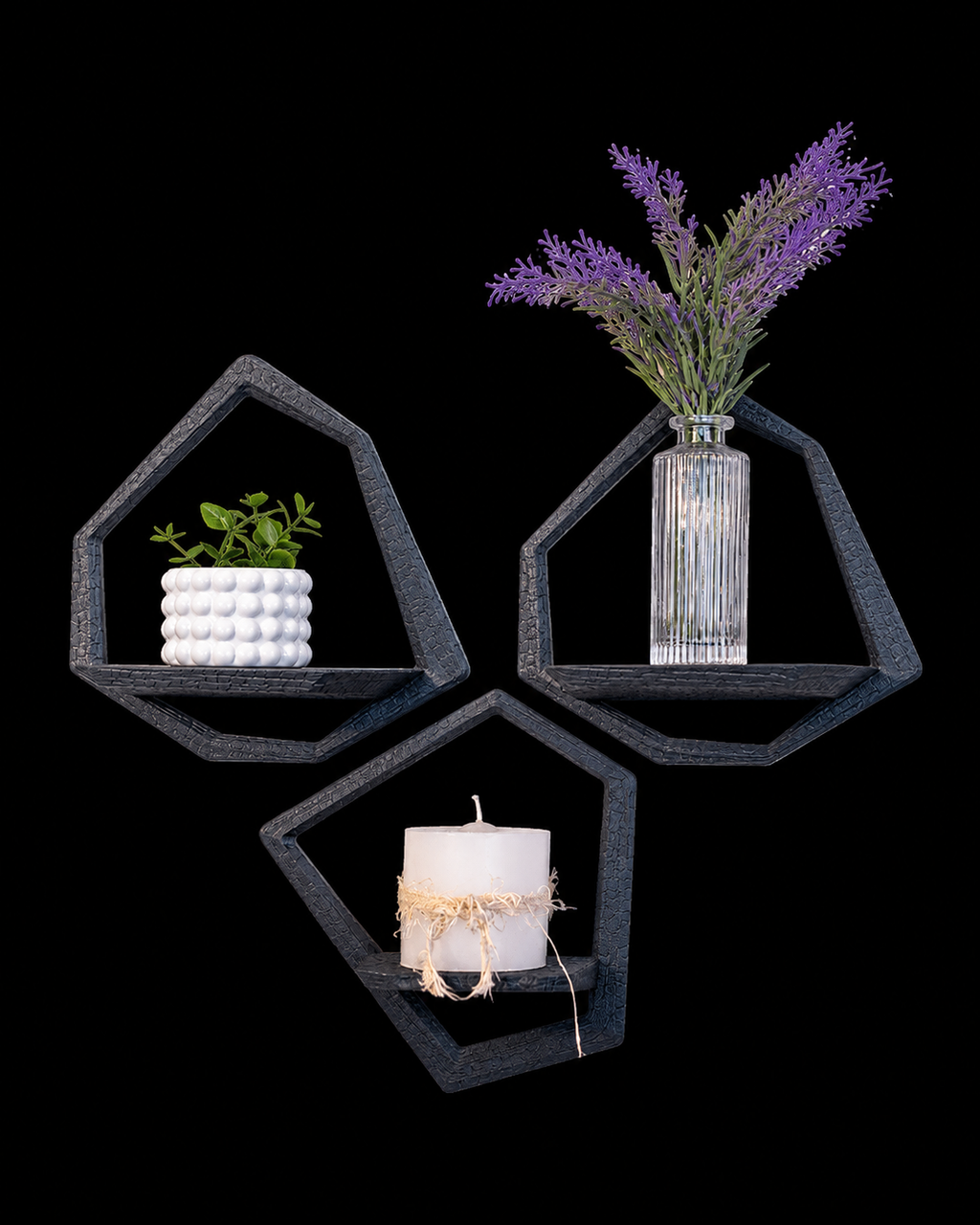 Charcoal Geometric Wall Shelves – Set of 3