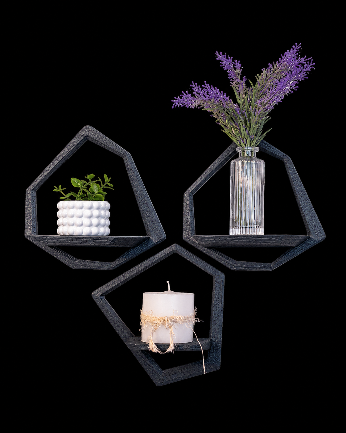Charcoal Geometric Wall Shelves – Set of 3