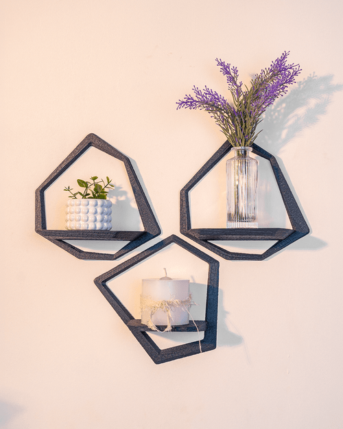 Charcoal Geometric Wall Shelves – Set of 3